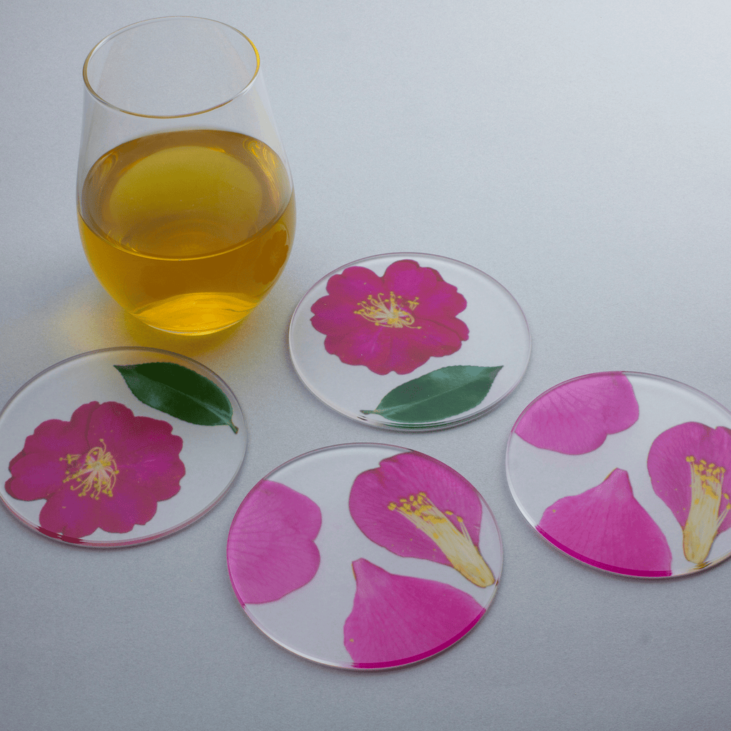 資生堂 花椿会 高台寺風蒔絵 小物箪笥 あわせ鏡 2点セット 押花 コースター 山茶花・椿 木箱入り 4個セット | toumei